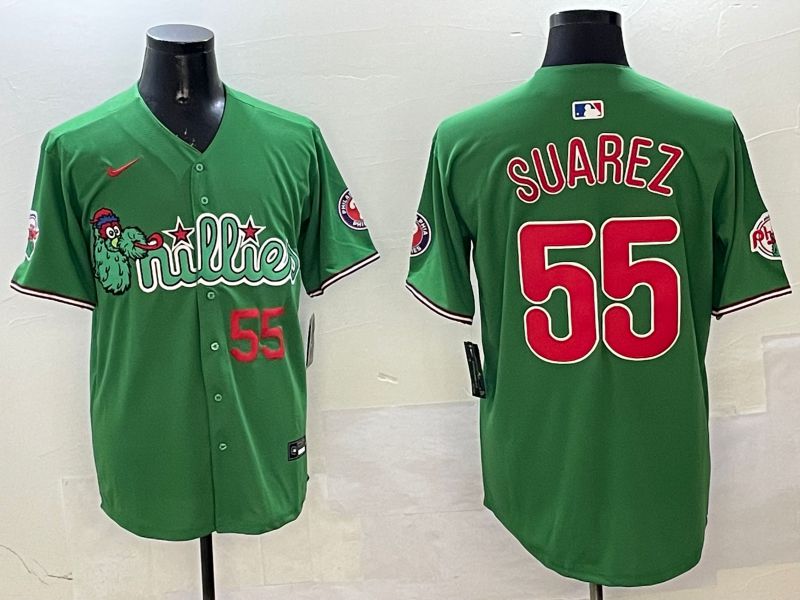 Men Philadelphia Phillies #55 Suarez Green Three generations Joint Name Game 2025 Nike MLB Jersey style 5->philadelphia phillies->MLB Jersey